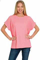 Zenana Soft Melange Hacci Short Sleeve Round Neck Top - Trendsi - Flyclothing LLC