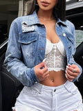 Distressed Button Up Collared Neck Denim Top - Trendsi