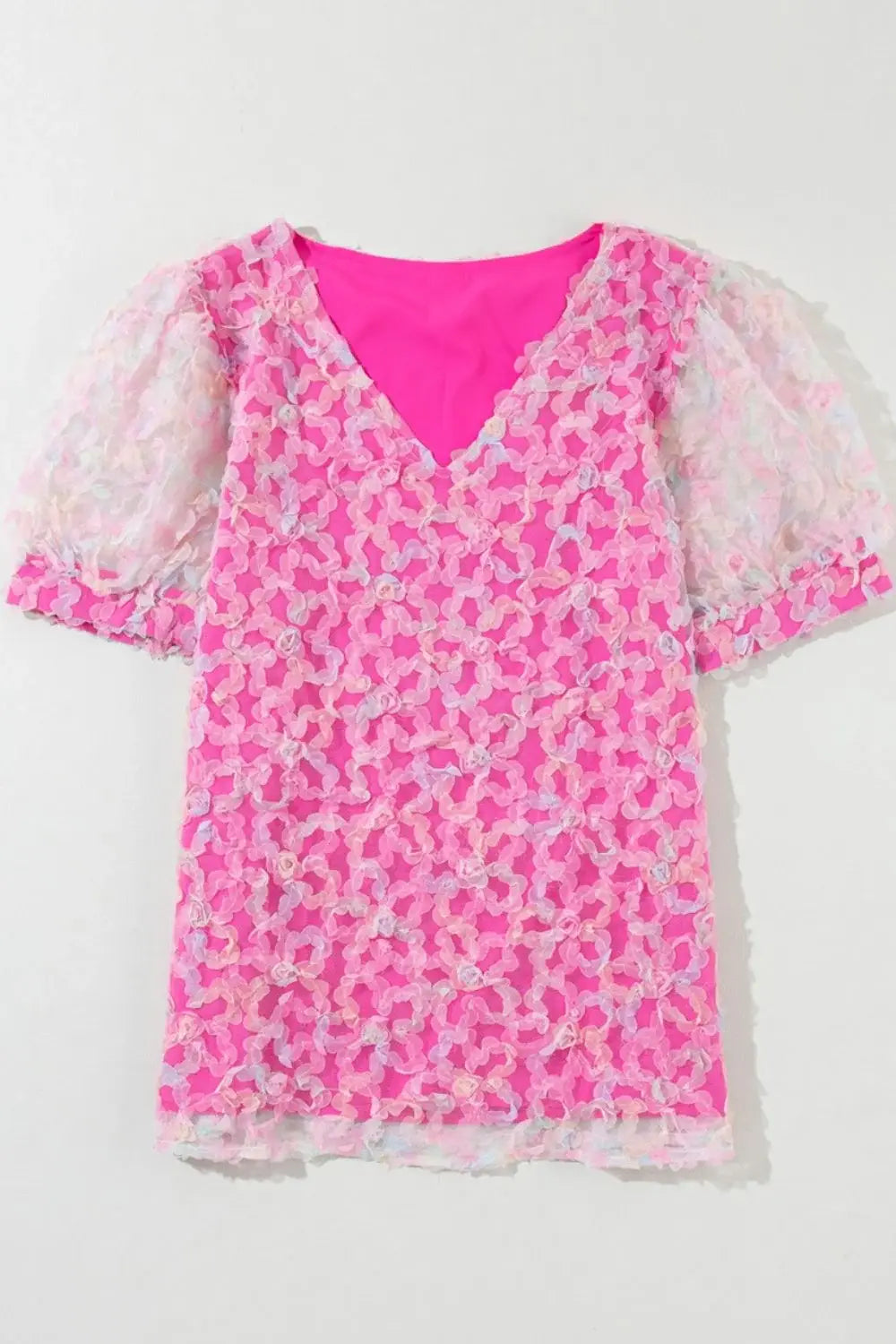 Bonbon Flowery Mesh Short Puff Sleeve Blouse - Trendsi - Flyclothing LLC