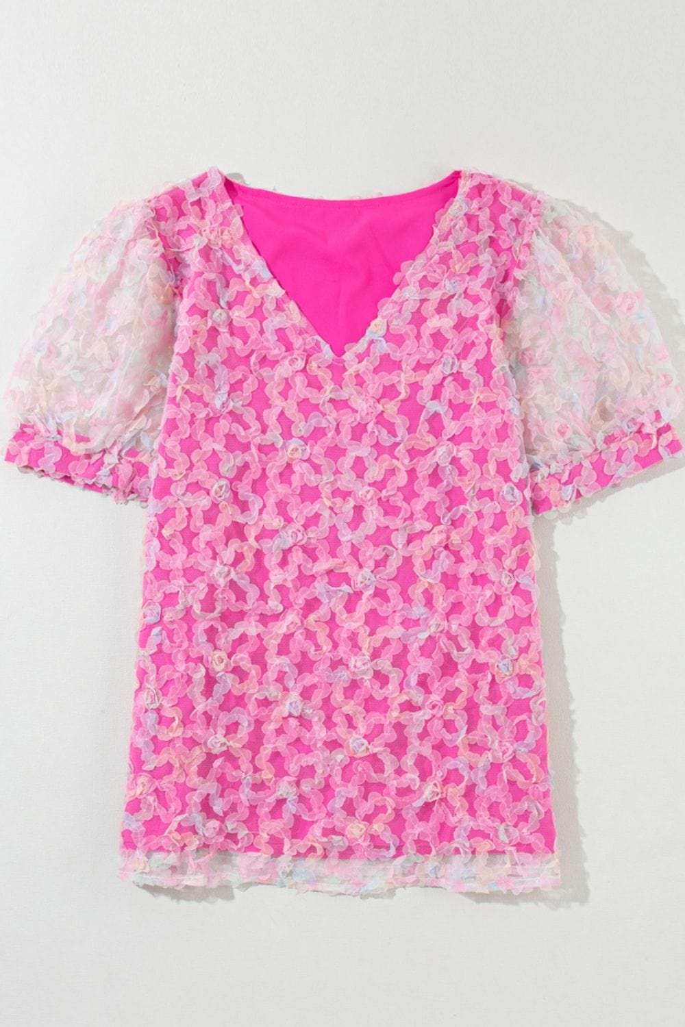 Bonbon Flowery Mesh Short Puff Sleeve Blouse - Trendsi - Flyclothing LLC