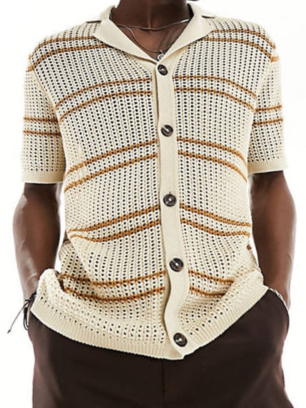 Men's Striped Collared Neck Hollow Out Shirt - Trendsi