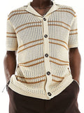 Men's Striped Collared Neck Hollow Out Shirt - Trendsi