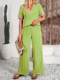 V-Neck Short Sleeve Top and Pants Set - Trendsi - Flyclothing LLC