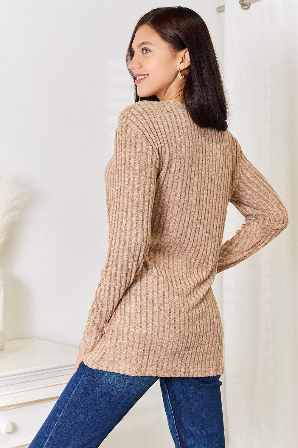 Double Take Notched Neck Ribbed Long Sleeve T-Shirt - Trendsi - Flyclothing LLC