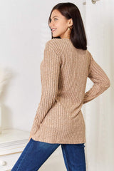 Double Take Notched Neck Ribbed Long Sleeve T-Shirt - Trendsi - Flyclothing LLC