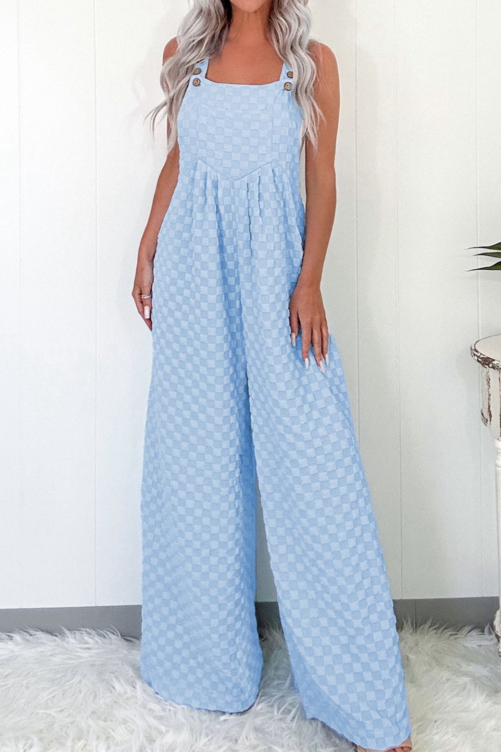 Checkered Pocketed Wide Leg Overalls - Trendsi
