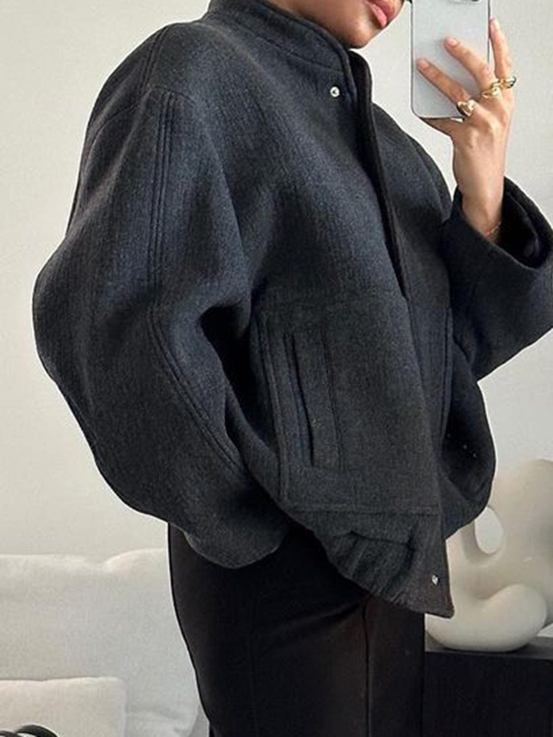 Full Size Snap Down Drop Shoulder Jacket - Trendsi