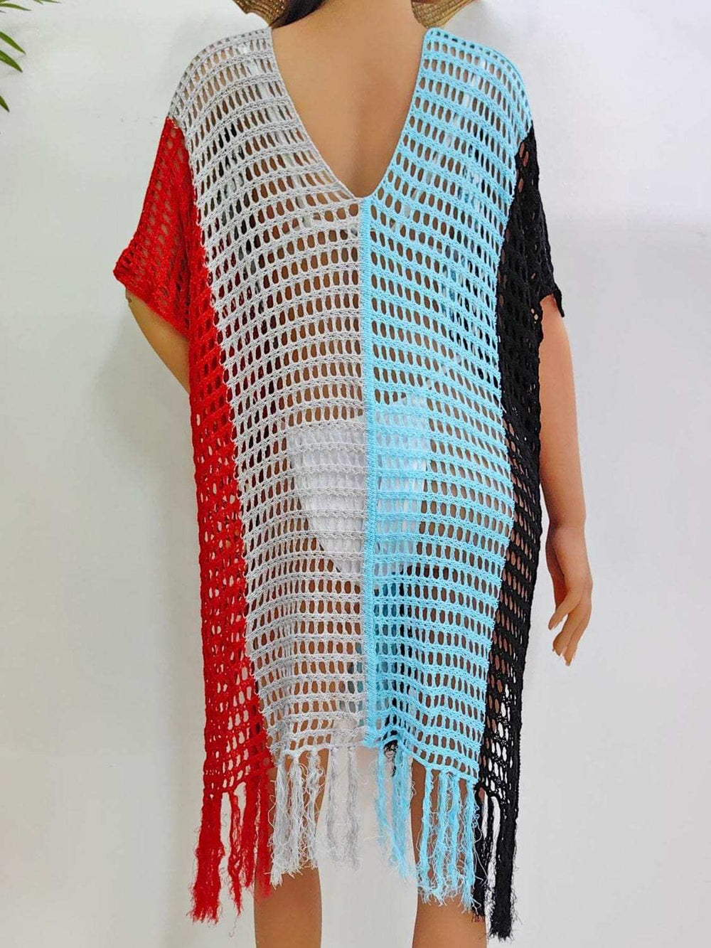 Fringe Color Block Scoop Neck Cover Up - Trendsi - Flyclothing LLC
