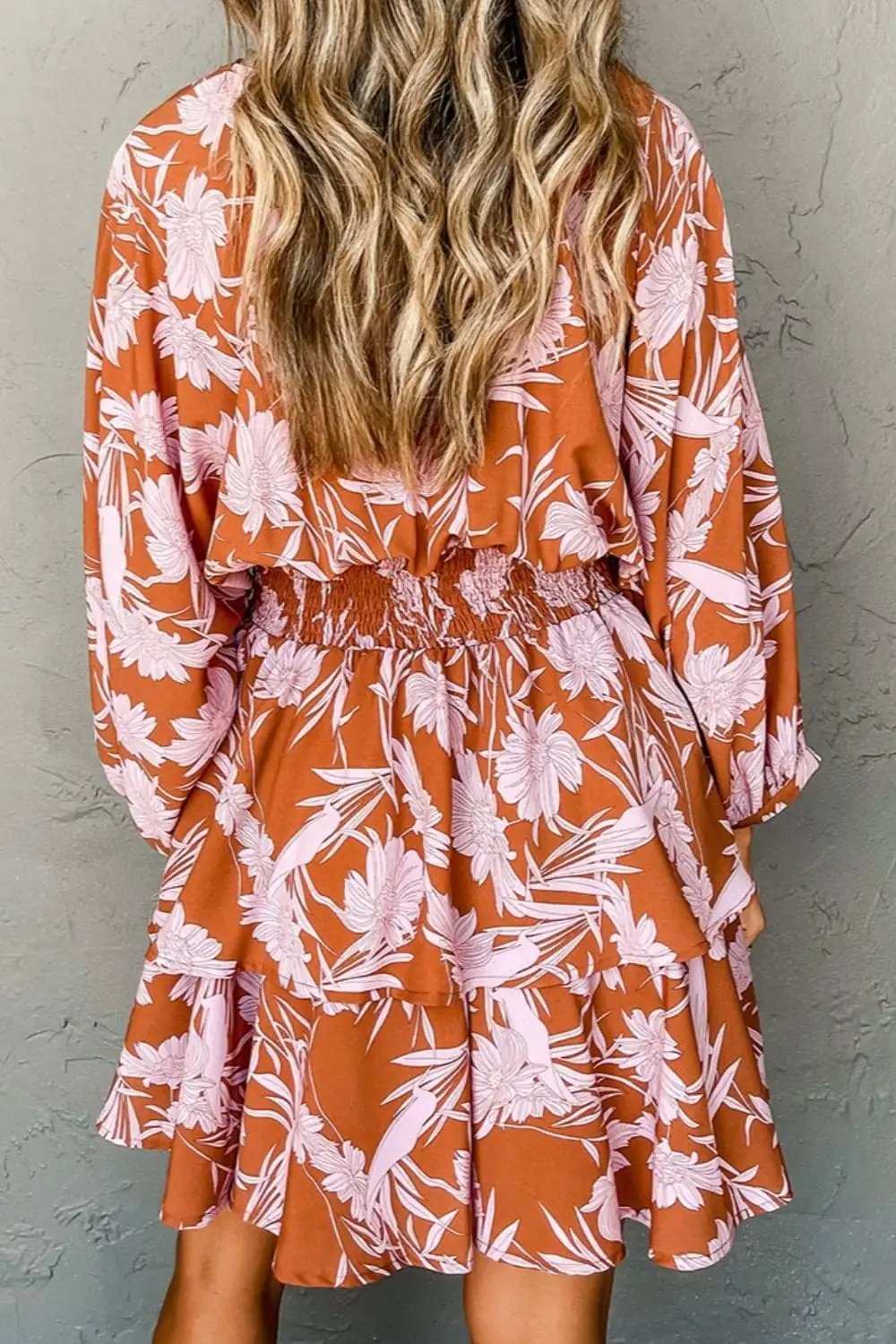 Smocked Printed Long Sleeve Mini Dress - Trendsi - Flyclothing LLC
