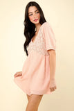 VERY J Lace Detail Puff Sleeve Romper with Pockets - Trendsi