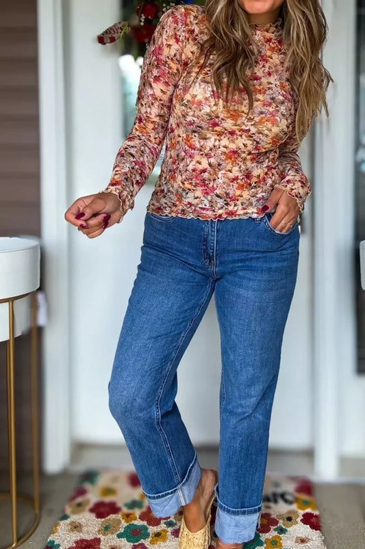 Floral Print Mesh Long Sleeve T-Shirt - Trendsi - Flyclothing LLC