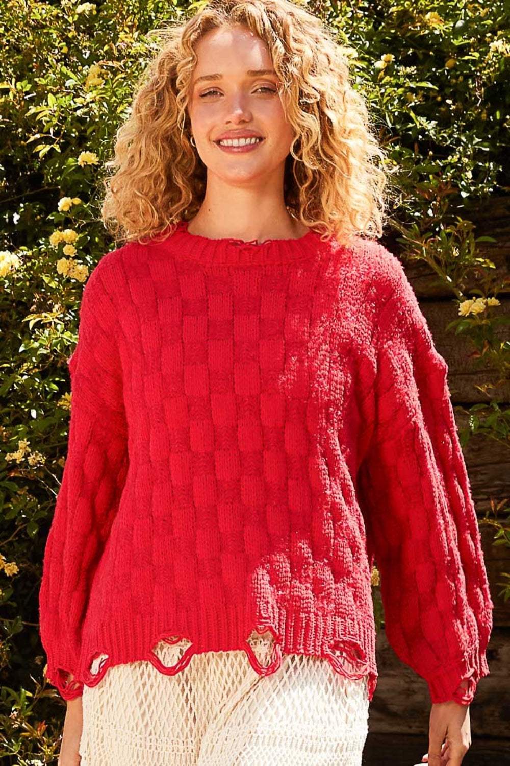POL Checkered Distressed Edge Sweater - Trendsi - Flyclothing LLC