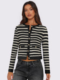 Striped Round Neck Button Up Long Sleeve Cardigan - Trendsi