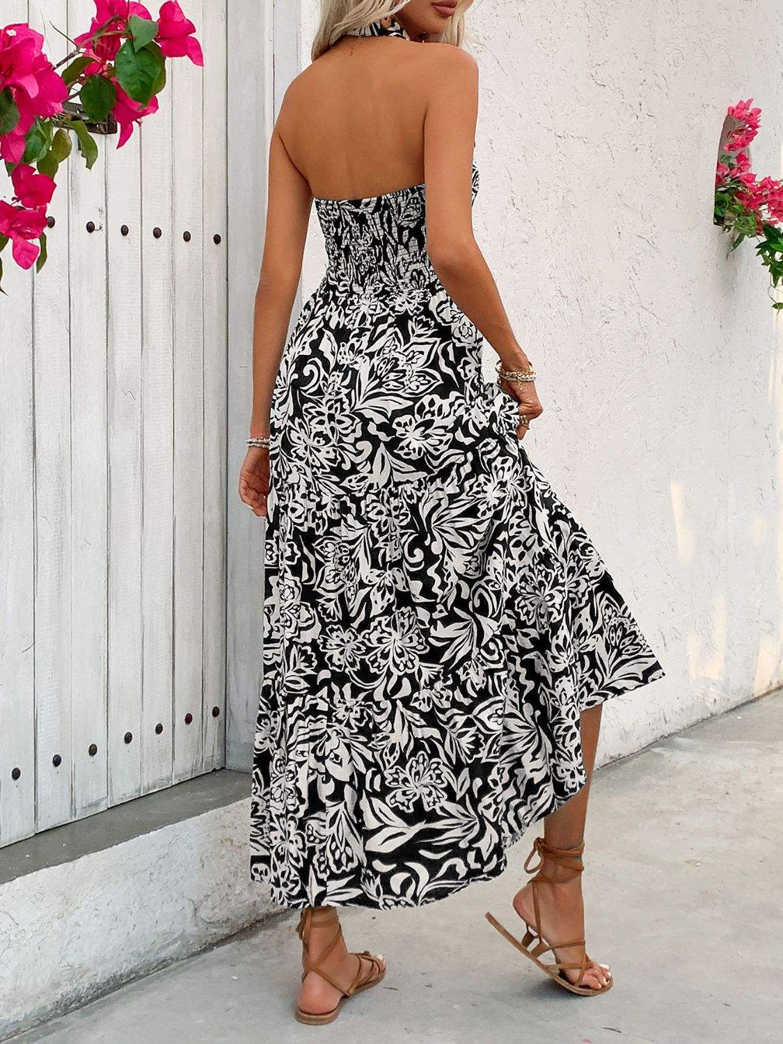 Backless Smocked Printed Sleeveless Midi Dress - Trendsi - Flyclothing LLC