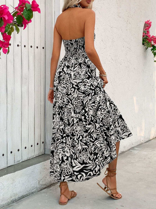 Backless Smocked Printed Sleeveless Midi Dress - Trendsi - Flyclothing LLC