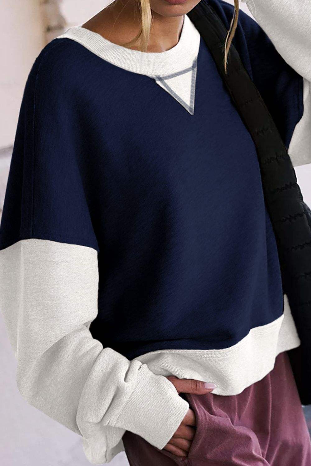 Contrast Round Neck Long Sleeve Sweatshirt - Trendsi - Flyclothing LLC