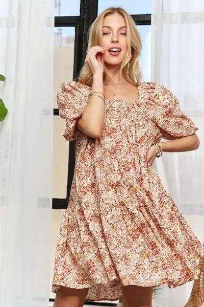 ADORA Floral Square Neck Puff Sleeve Dress - Trendsi - Flyclothing LLC