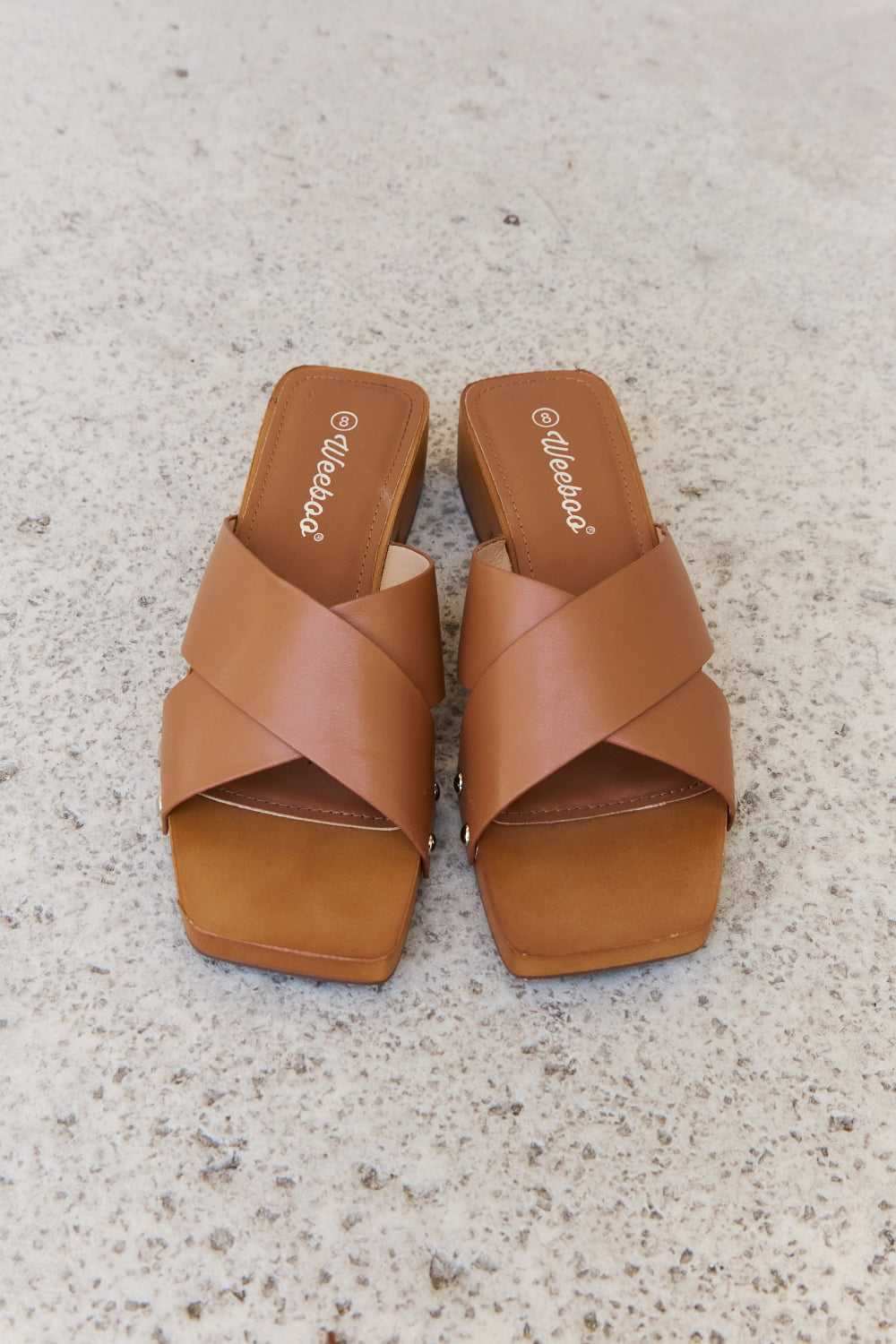 Weeboo Step Into Summer Criss Cross Wooden Clog Mule in Brown - Trendsi - Flyclothing LLC