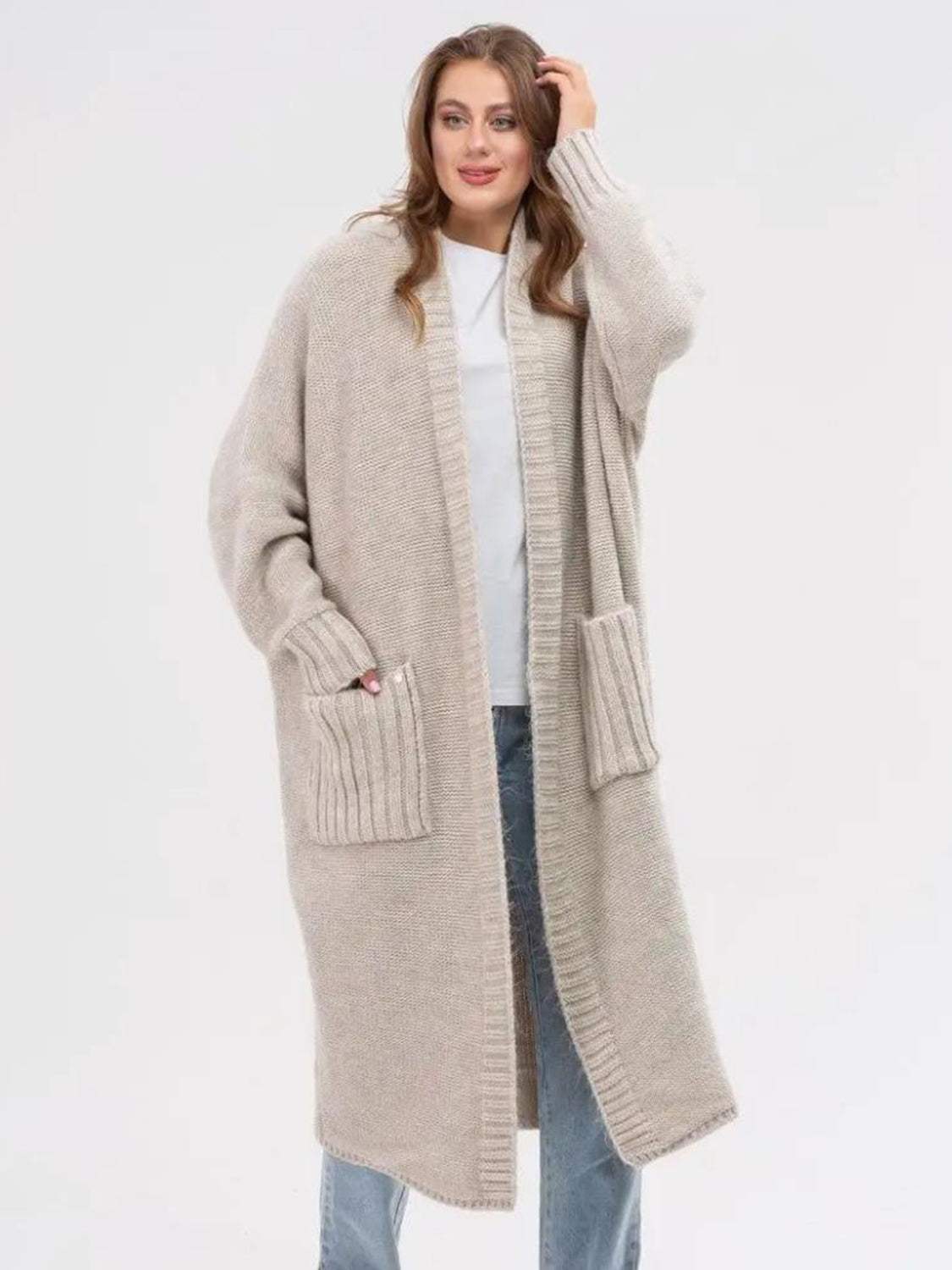 Pocketed Open Front Long Sleeve Longline Cardigan - Trendsi - Flyclothing LLC