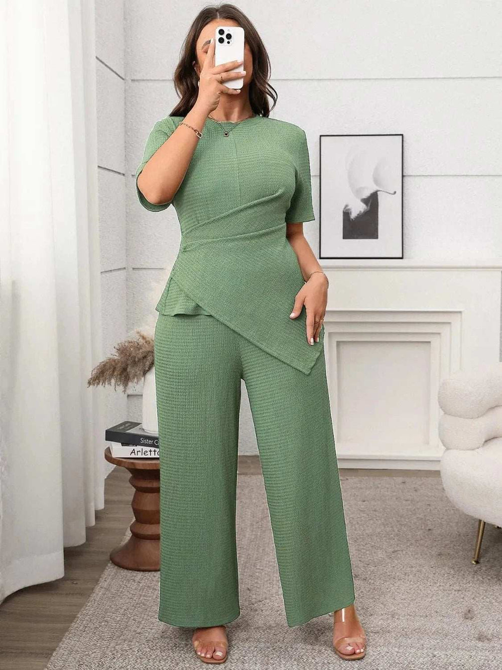 Plus Size Asymmetrical Round Neck Short Sleeve Top and Pants Set - Trendsi - Flyclothing LLC