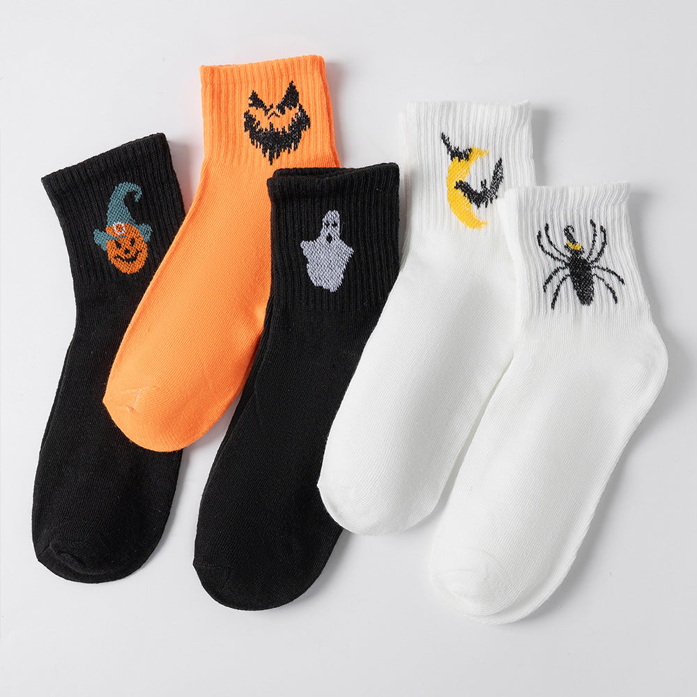 Cute Ghost Mid-Calf Halloween Socks With Pumpkin Print For Women
