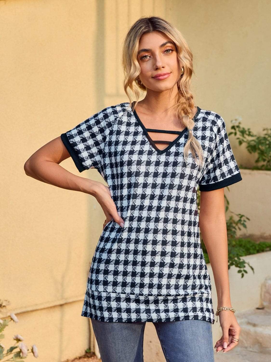Houndstooth V-Neck Short Sleeve T-Shirt - Trendsi - Flyclothing LLC