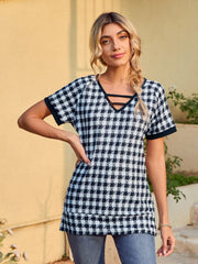 Houndstooth V-Neck Short Sleeve T-Shirt - Trendsi