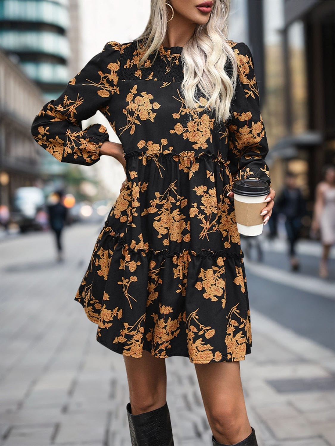 Frill Printed Long Sleeve Mini Dress - Trendsi