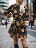 Frill Printed Long Sleeve Mini Dress - Trendsi