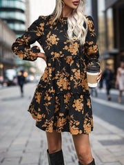 Frill Printed Long Sleeve Mini Dress - Trendsi