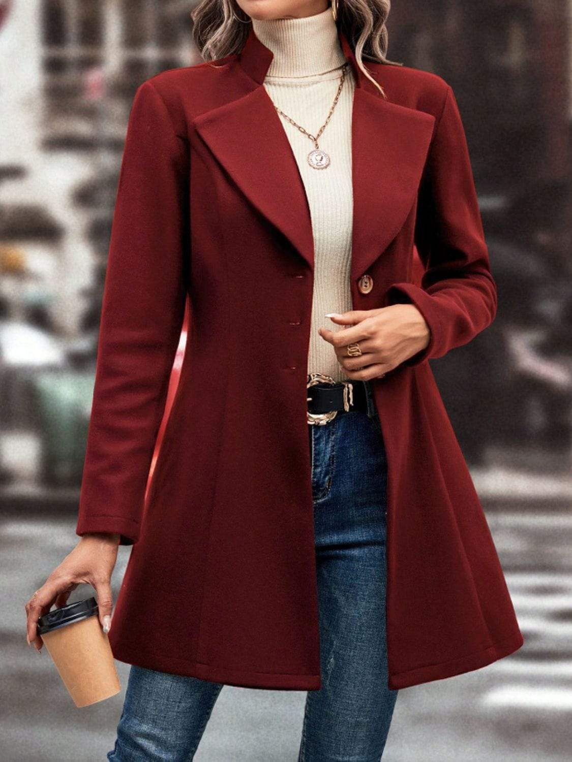 Collared Neck Button Up Long Sleeve Coat - Trendsi - Flyclothing LLC