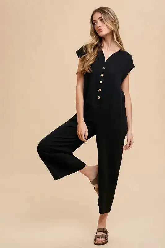 Annie Wear Button Detail Wide Leg Jumpsuit with Pockets - Trendsi