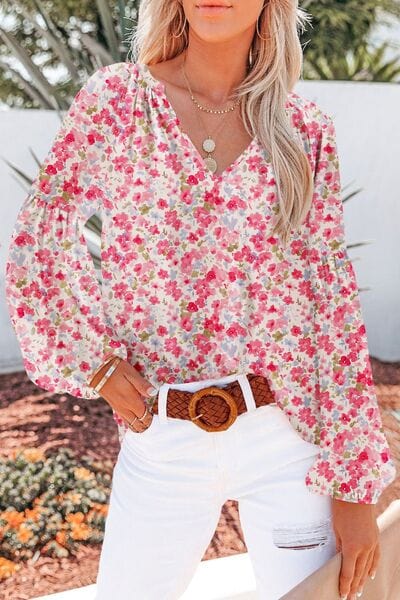 Printed Notched Long Sleeve Blouse - Trendsi