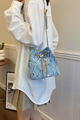 Chain Drawstring Raw Edge Denim Bucket Bag - Trendsi