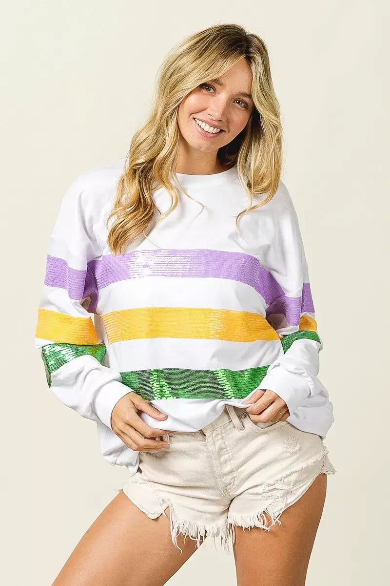BiBi Sequin Mardi Gras Striped Round Neck Sweatshirt - Trendsi - Flyclothing LLC