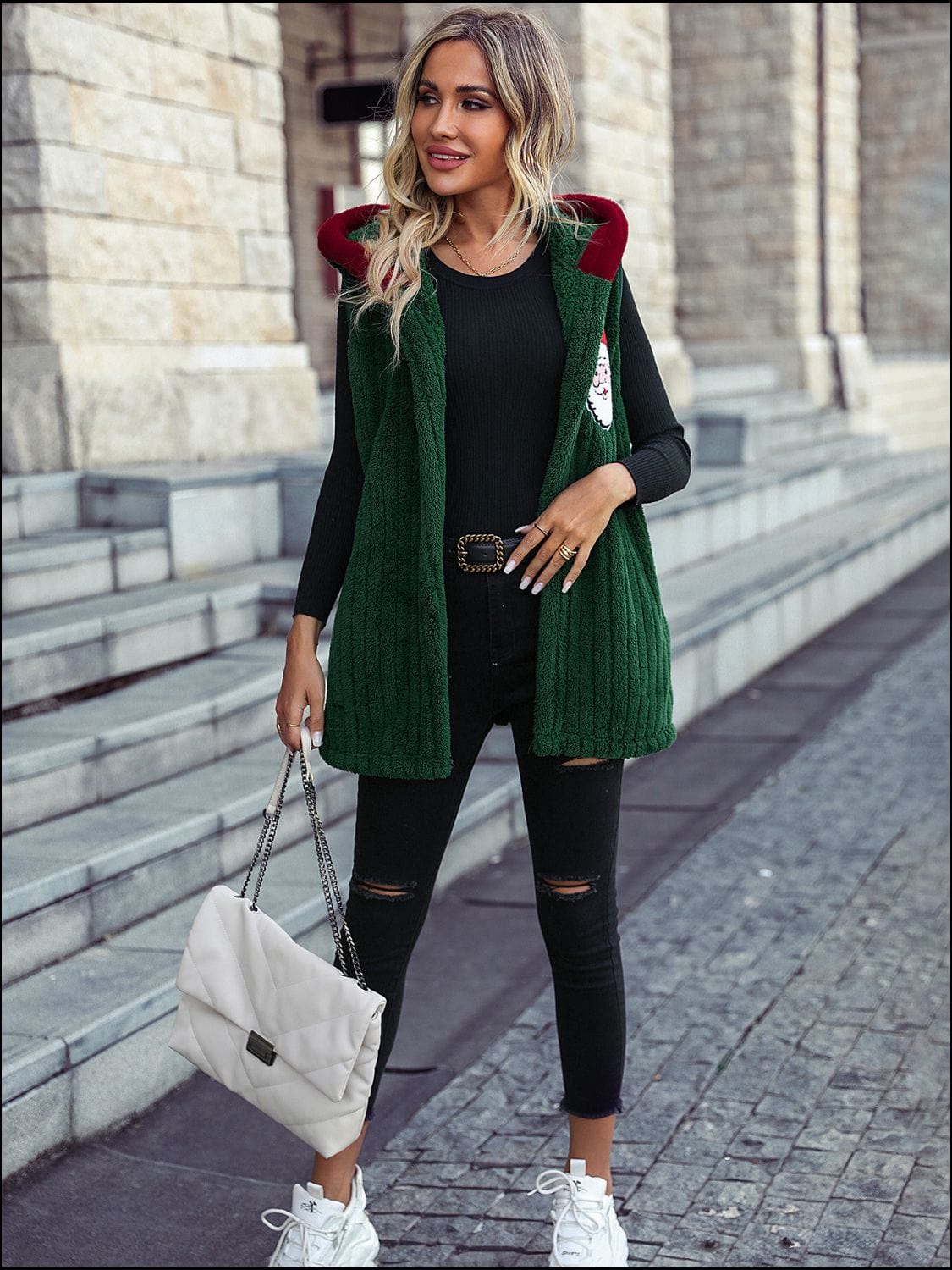 Santa Open Front Hooded Vest Coat - Trendsi
