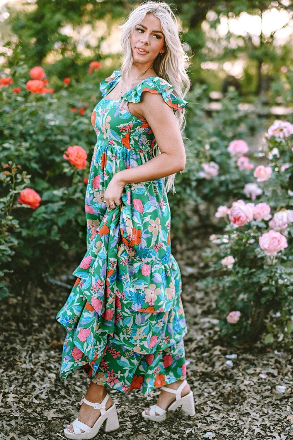 Tiered Ruffled Printed Sleeveless Dress - Trendsi - Flyclothing LLC