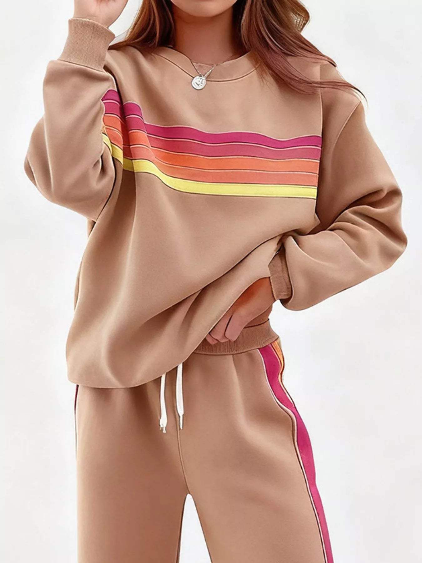 Striped Round Neck Sweatshirt and Pants Set - Trendsi - Flyclothing LLC