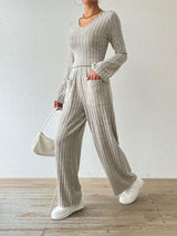 Ribbed V-Neck Long Sleeve Top and Pocketed Pants Set - Trendsi - Flyclothing LLC