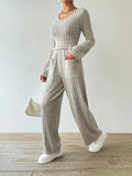 Ribbed V-Neck Long Sleeve Top and Pocketed Pants Set - Trendsi