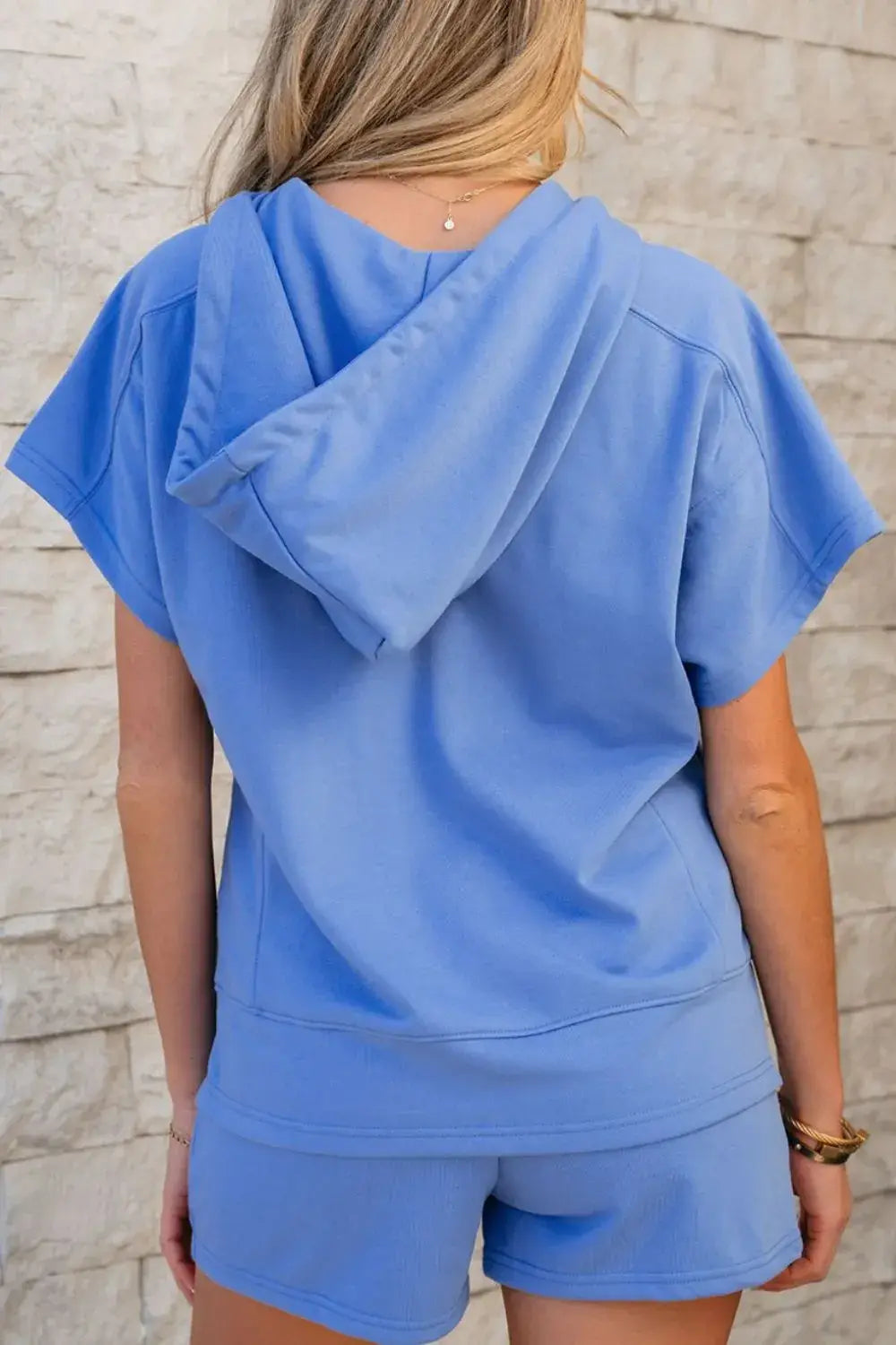 Drawstring Zipped Short Sleeve Hoodie and Shorts Set - Trendsi - Flyclothing LLC