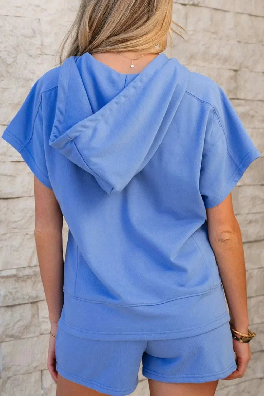 Drawstring Zipped Short Sleeve Hoodie and Shorts Set - Trendsi - Flyclothing LLC