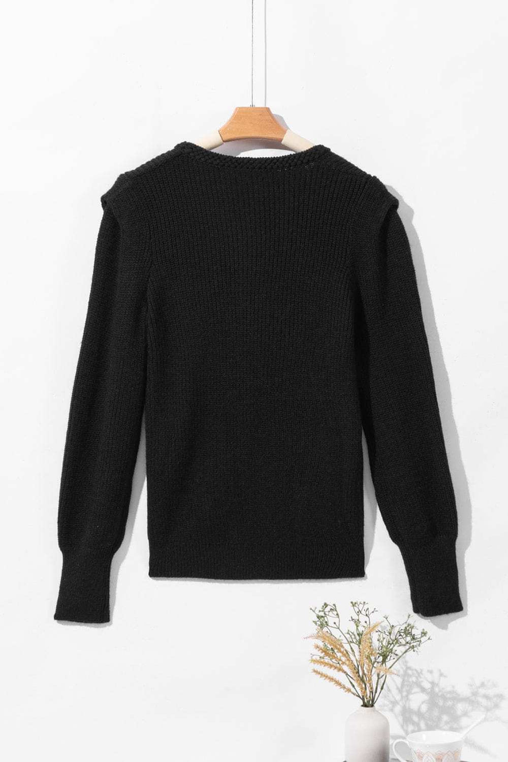 Solid Color Notched Long Sleeve Sweater - Trendsi - Flyclothing LLC