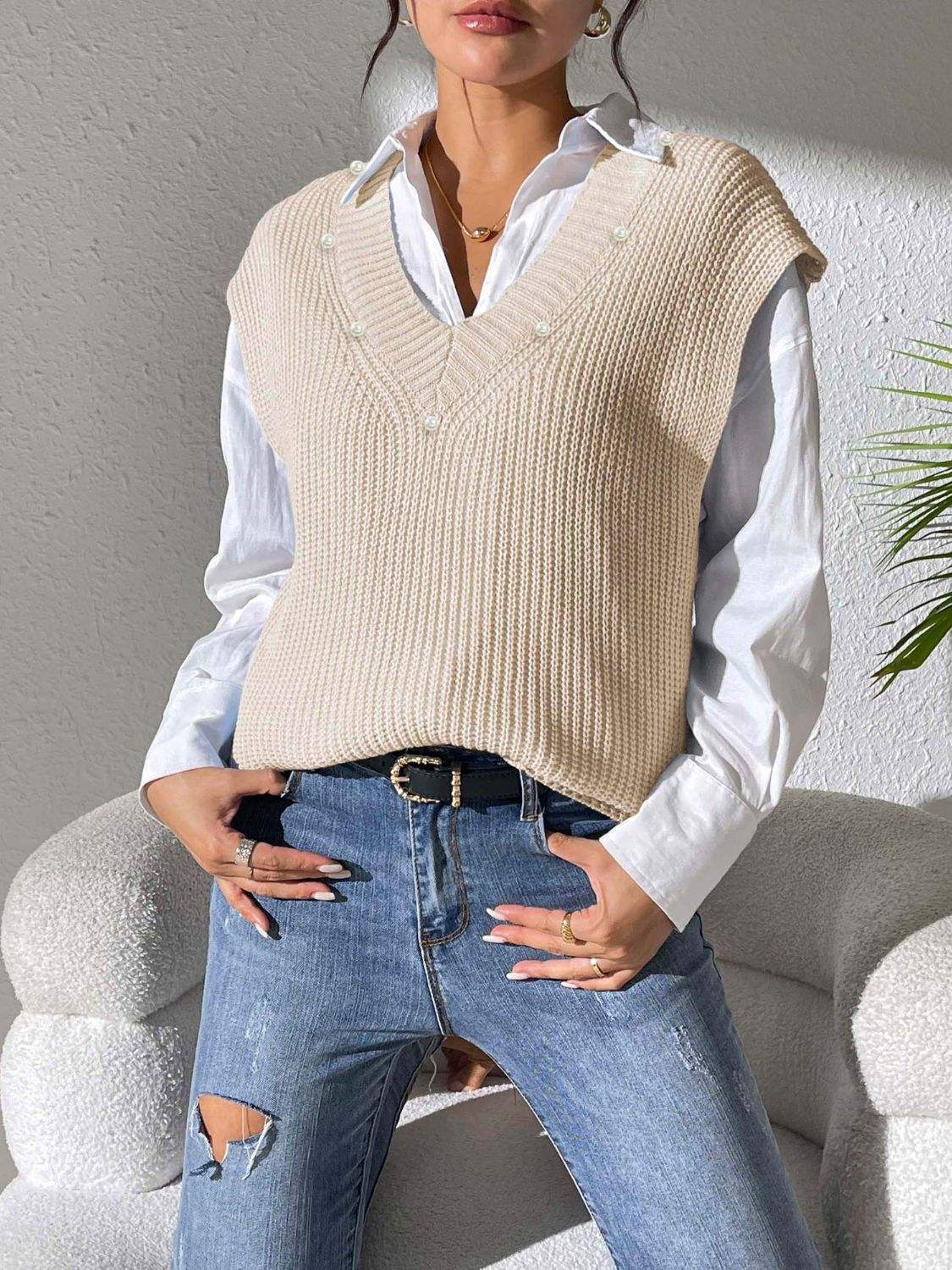 Pearl Trim V-Neck Sweater Vest - Trendsi - Flyclothing LLC