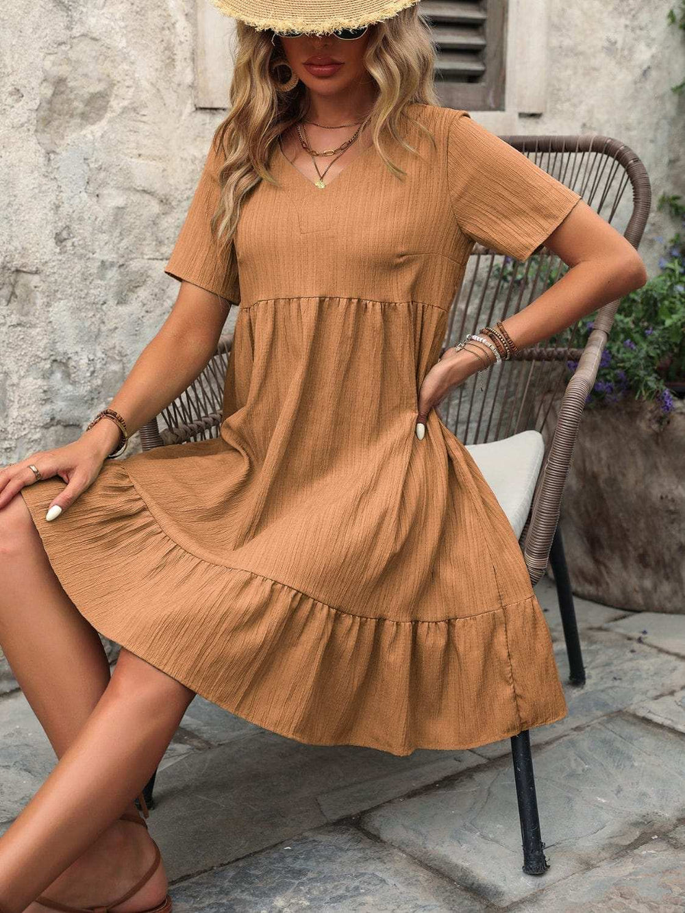 V-Neck Short Sleeve Mini Dress - Trendsi - Flyclothing LLC