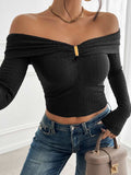 Devine Off-Shoulder Long Sleeve T-Shirt - Trendsi - Flyclothing LLC