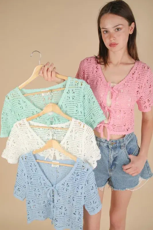 VERY J Front Tie Crochet Crop Top - Trendsi - Flyclothing LLC