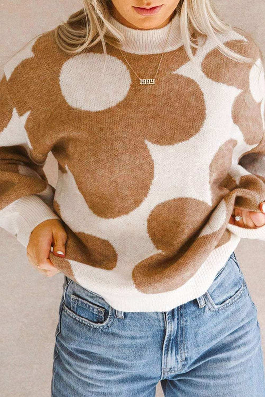 Contrast Flower Mock Neck Long Sleeve Sweater - Trendsi - Flyclothing LLC