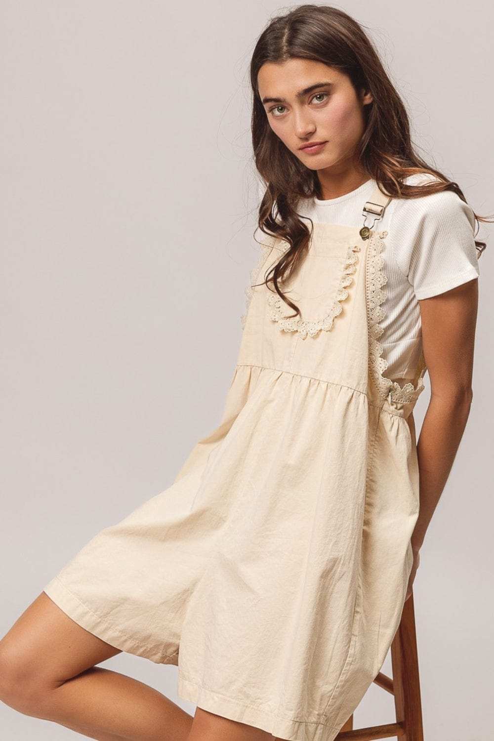 BiBi Back Patch Pocket Lace Trim Rompers - Trendsi - Flyclothing LLC