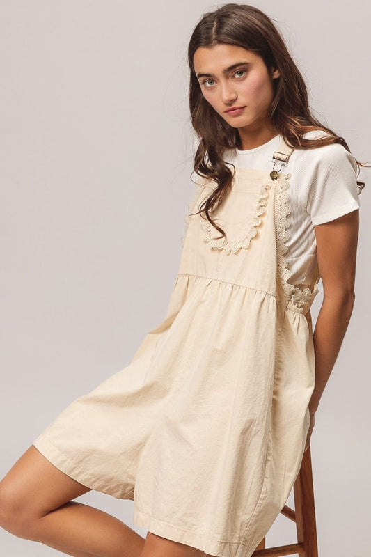 BiBi Back Patch Pocket Lace Trim Rompers - Trendsi
